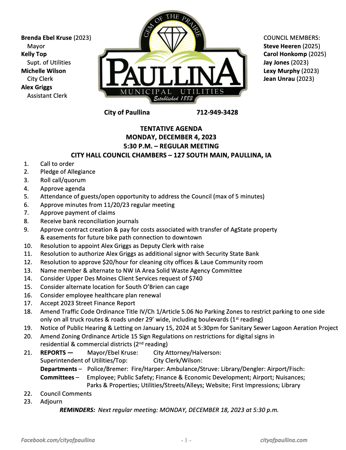 20231204 Agenda Paullina, Iowa