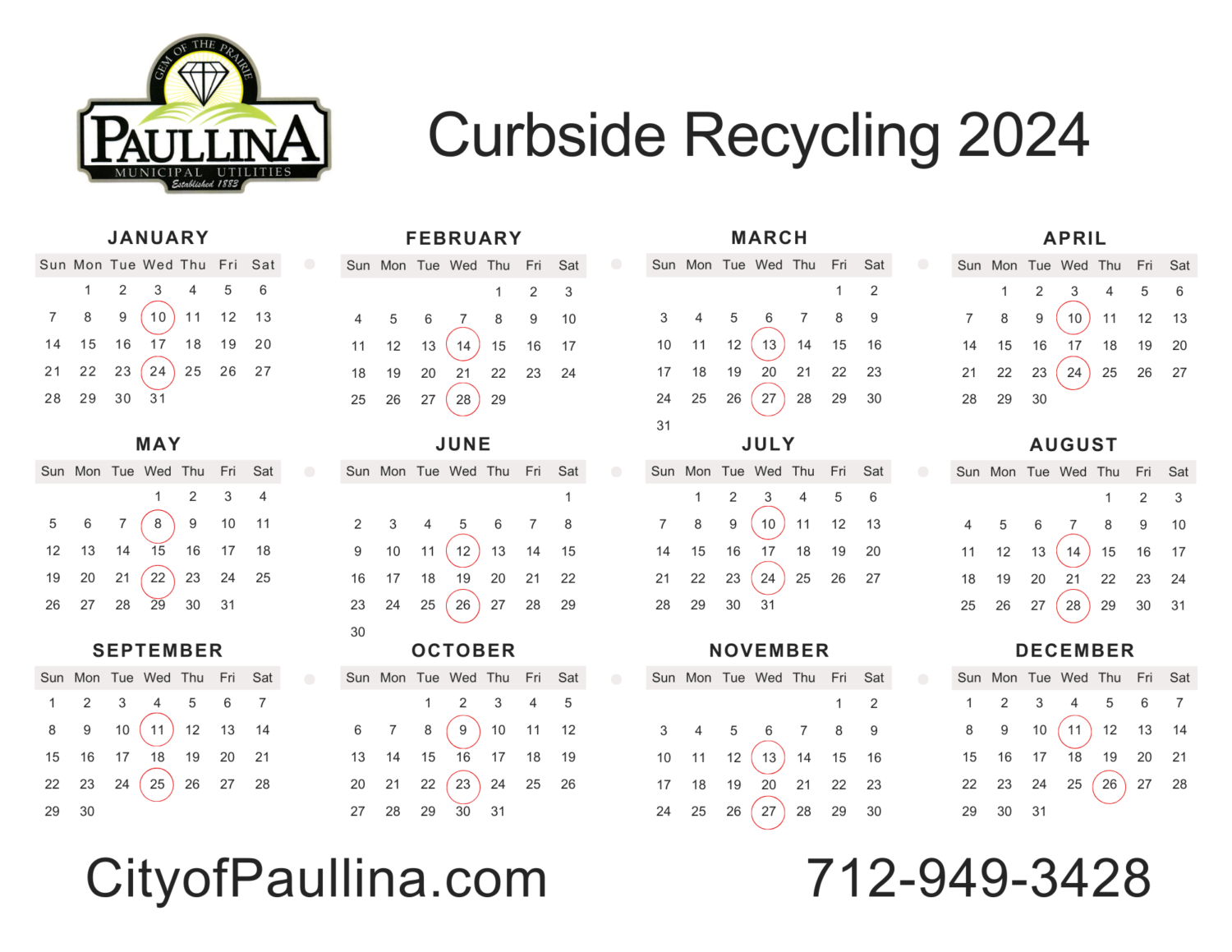 2024 Curbside Recycling Calendar Paullina, Iowa